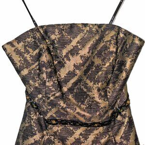 Monique Lhuillier Brown & Gold Brocade Strapless Pleated Dress - Size 4